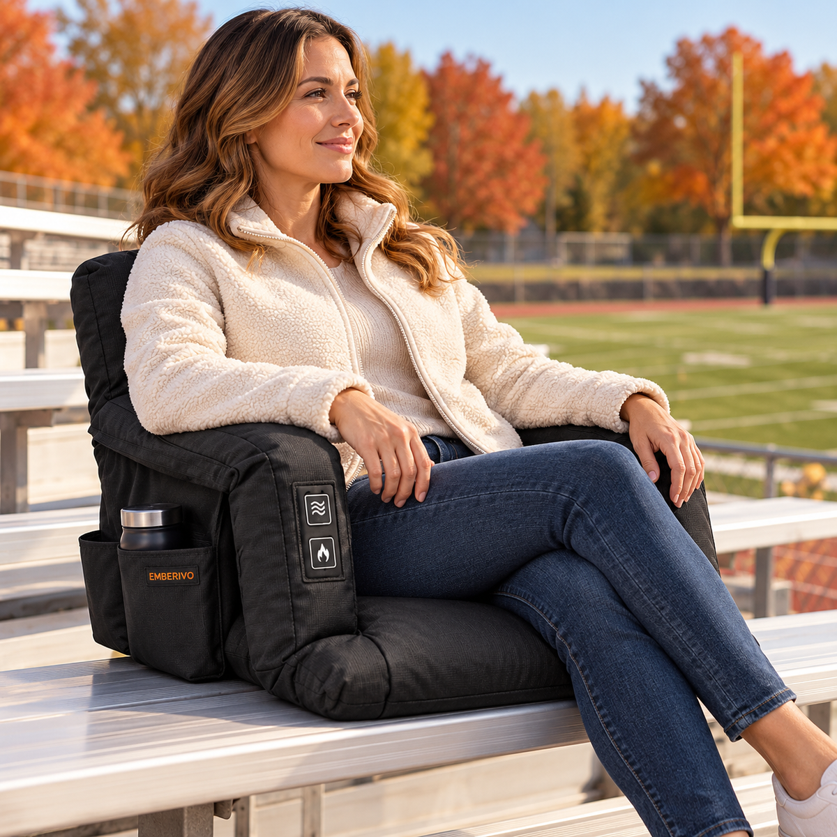 Spectator relaxing in an EMBERIVO padded stadium seat on outdoor bleachers.